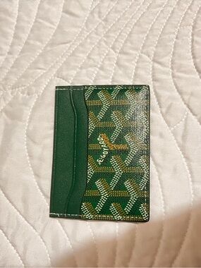 Goyard Green Slim Card Holder with Signature Chevron Canvas